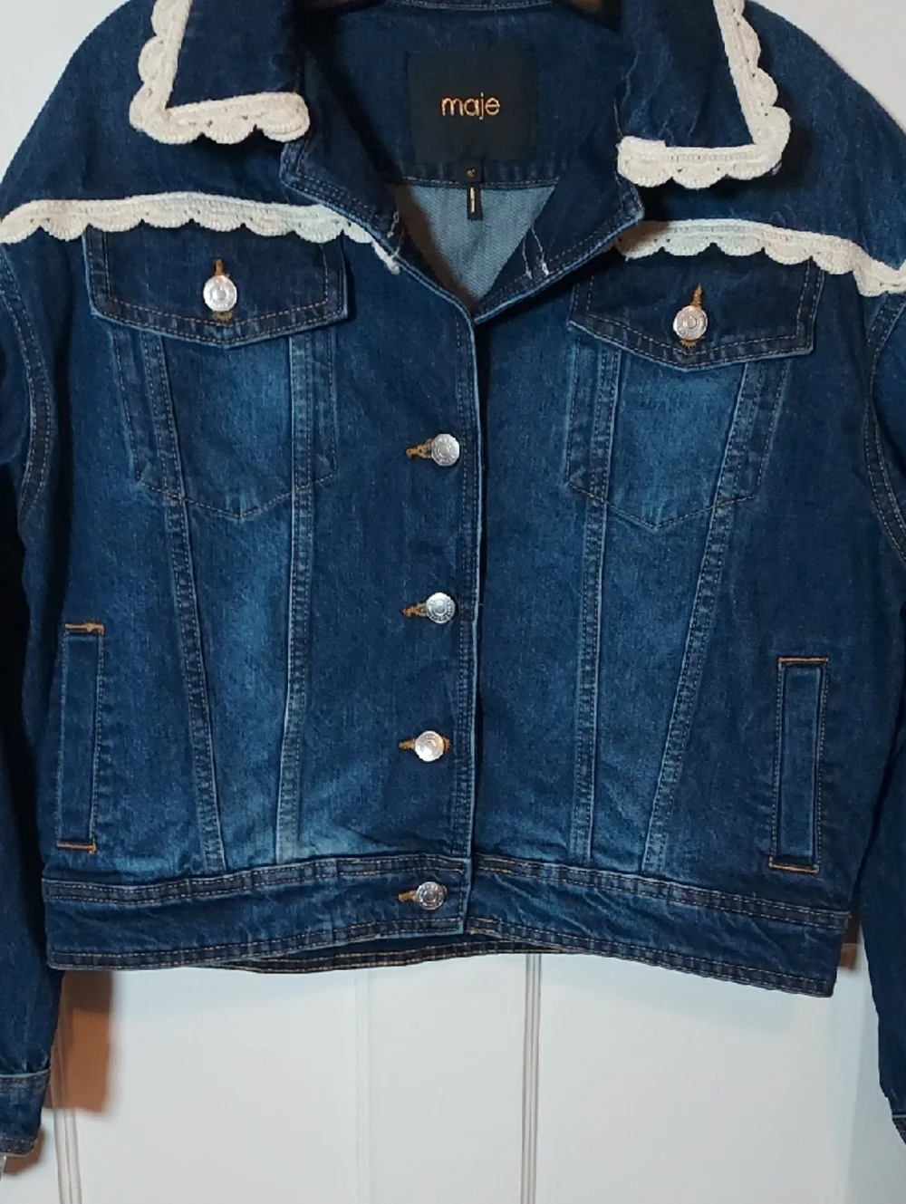 Maje Denim Jacket With Crochet Hook Finishes Size 40 US Sz Large - Picture 7 of 16